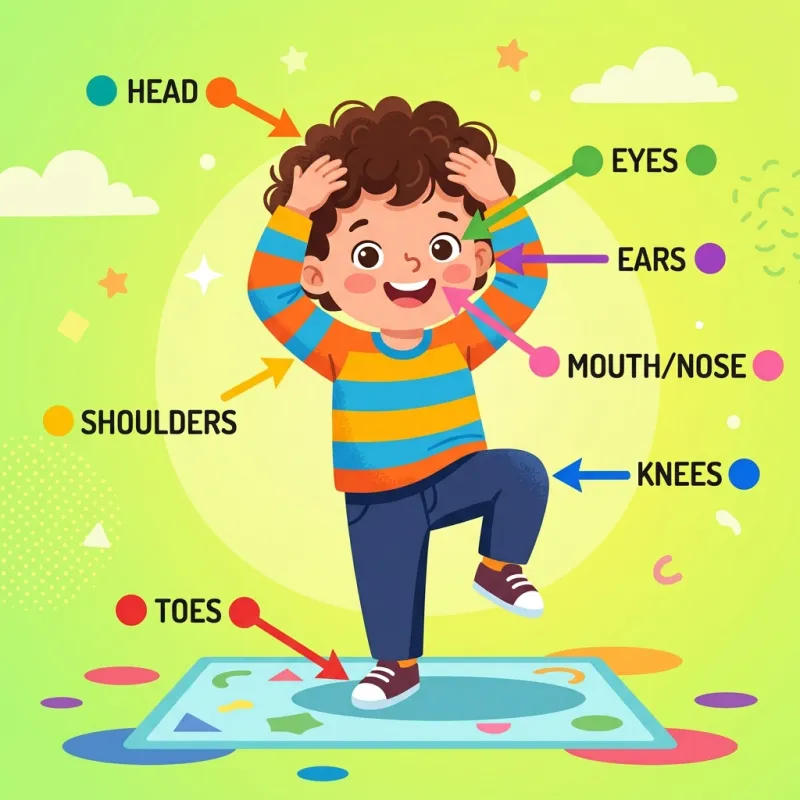 Child learning body parts with labels