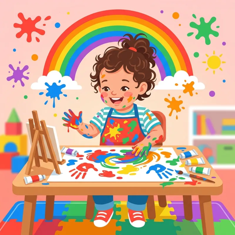 Child finger painting with rainbow colors