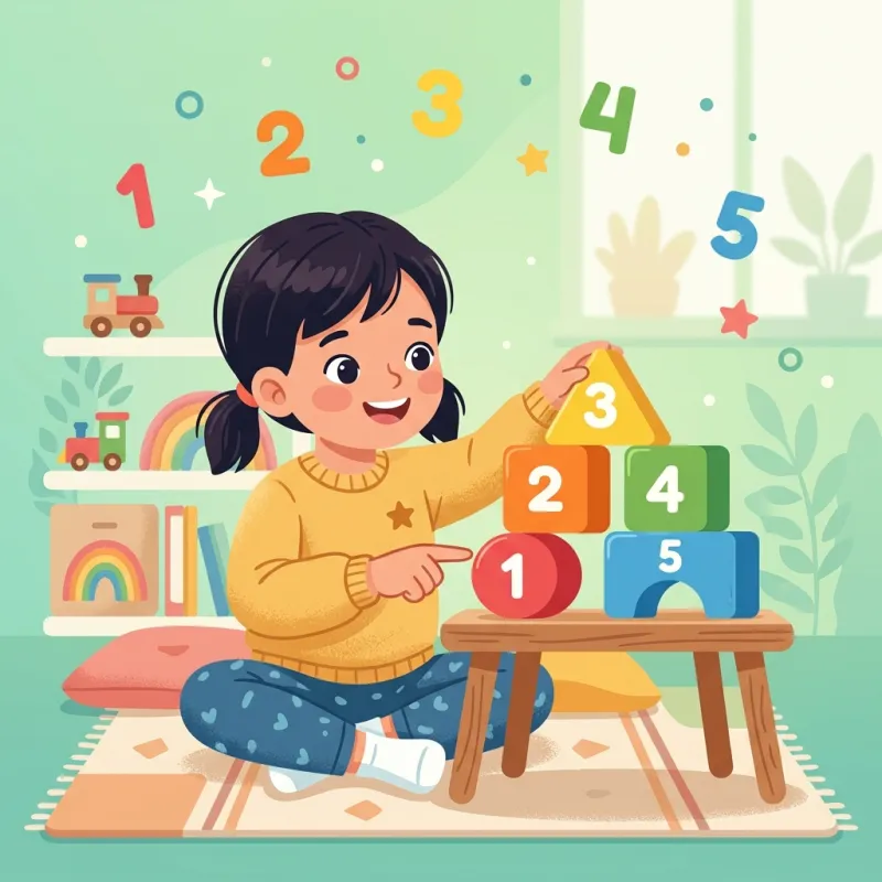 Child counting colorful number blocks
