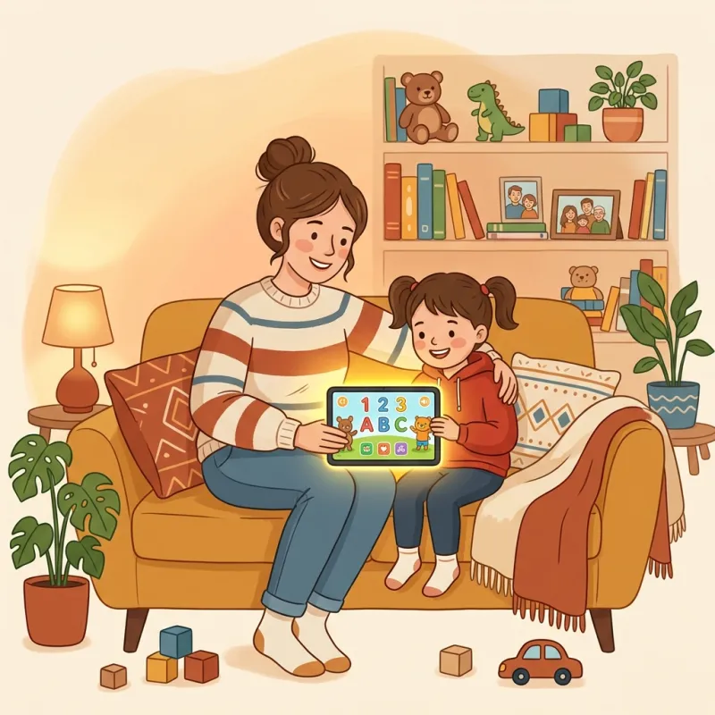 Parent and child co-learning on tablet