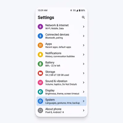 Android Settings screen showing System option highlighted