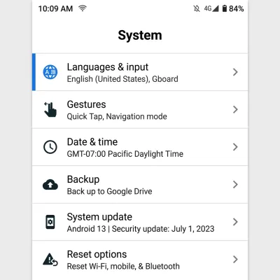 System settings showing Languages and input option